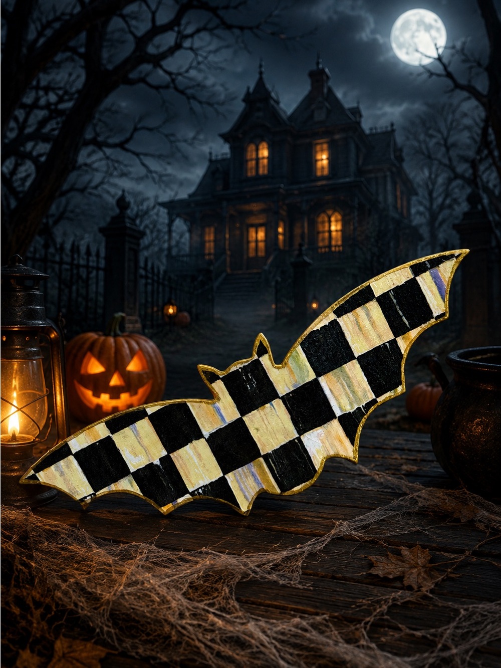 Hand Crafted Courtly Check Wood Halloween Bat